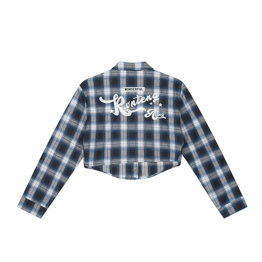 Men Long Sleeved T Shirt Plaid Letters Embroidered Shirt Coat Ins Leisure Cargo