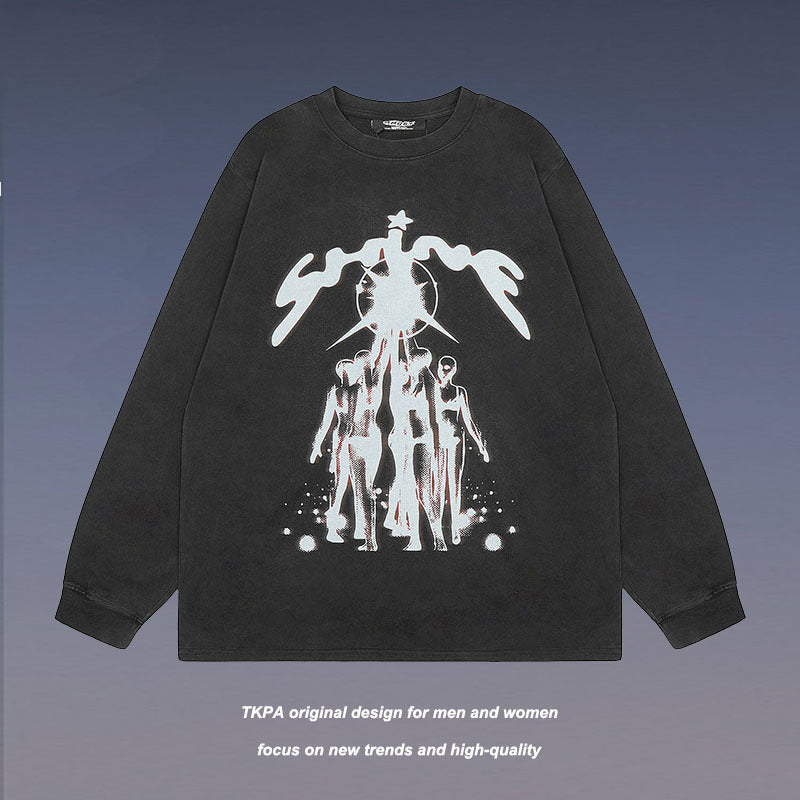 Men Long Sleeve Shirt Vintage Printed Wash Long Sleeve Bottoming T-shirt Men and Women All-Matching Top