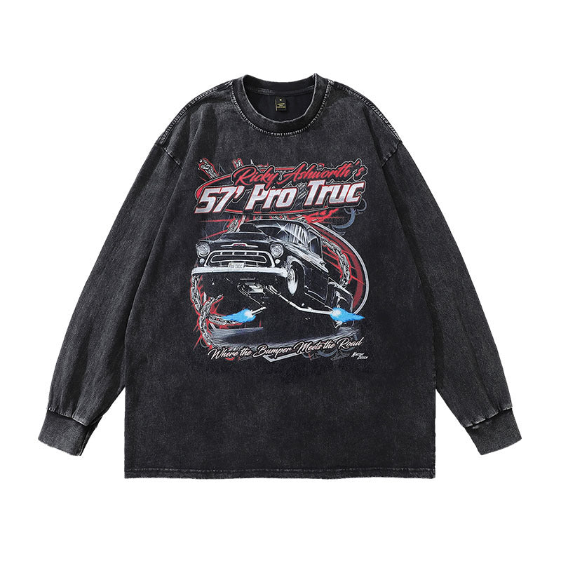Men Long Sleeve Shirt Printed Heavy Washing Long Sleeve T-shirt Men and Women Street Trendy Brand Distressed