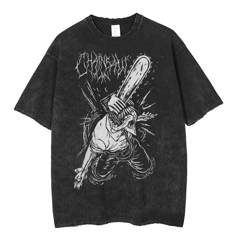 Anime Chainsaw Man Acid Tshirt Retro Vintage Washed