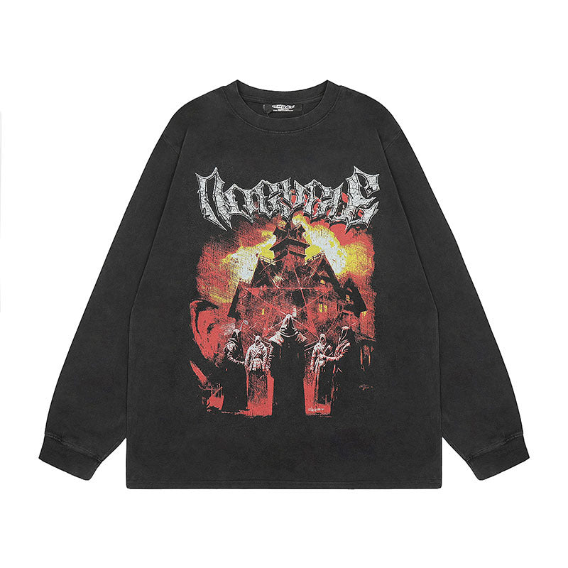 Men Long Sleeve Shirt Vintage Printed Wash Long Sleeve Bottoming T-shirt Men and Women All-Matching Top