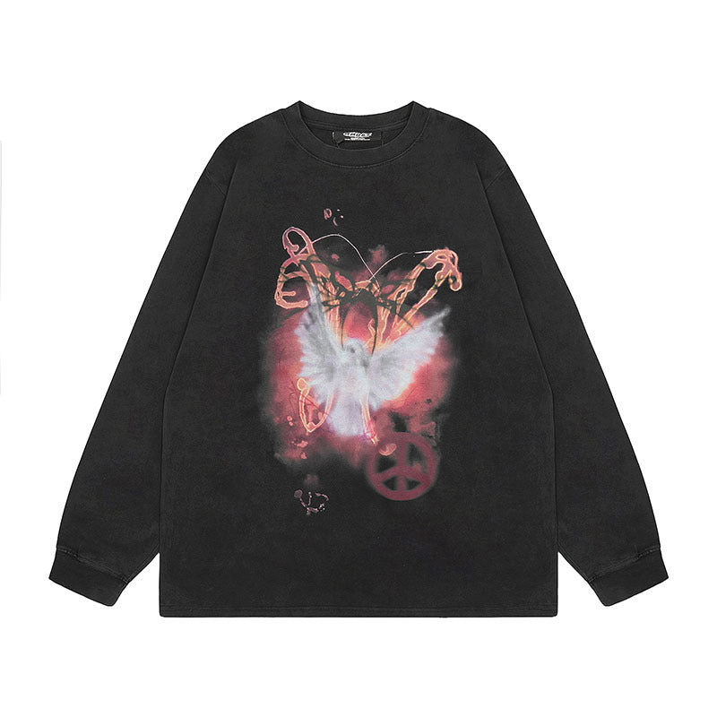 Men Long Sleeve Shirt Vintage Retro Dark Printed Washed Bottoming Long Sleeve T-shirt Men and Women