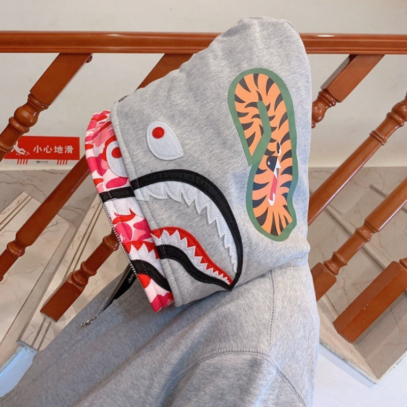 Bathing Ape Hoodie Shark Double Hat Embroidered Zip Sweater Casual Loose Hooded Jacket