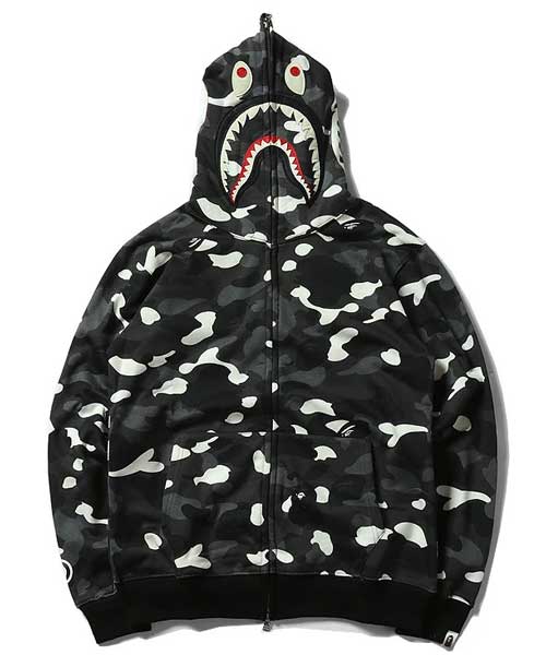 Bathing Ape Black and White Luminous Shark Coat High Quality Looped Fabric Hooded Shark Sweater