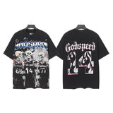 Godspeed t-shirt short-sleeved men's washed cotton printing hot diamond holes street clothing
