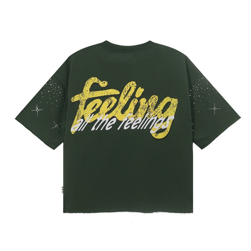 Bkys hotfix rhinestone american streetwear hip-hop print 100% cotton t-shirt