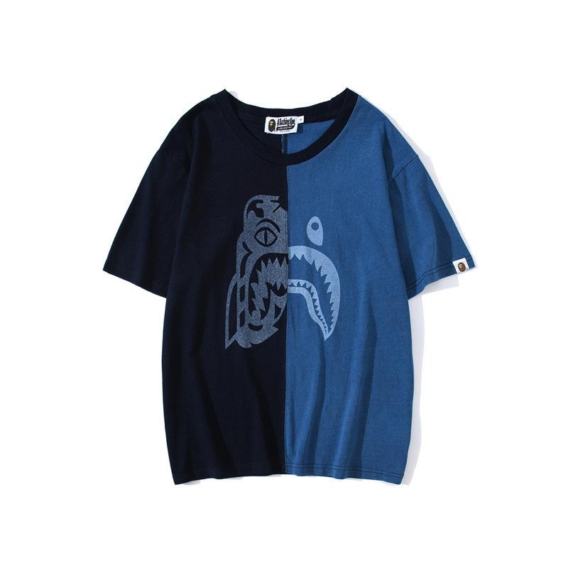 Bathing Ape T Shirt Tiger Head Shark Head Stitching Denim Color Short Sleeve T-shirt