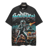Godspeed t-shirt short-sleeved men's washed cotton printing hot diamond holes street clothing