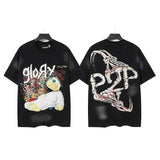 Men's t-shirt short-sleeved washed hot diamond printing g pure cotton hip hop street printing