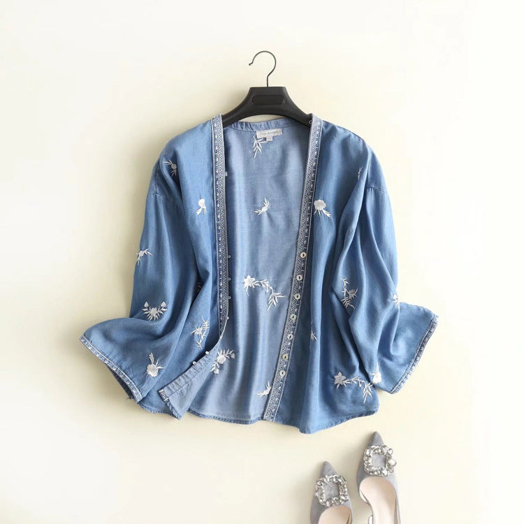 Women T-shirt Denim Shirt Women's Embroidered Sun Protection Shirt Loose Short