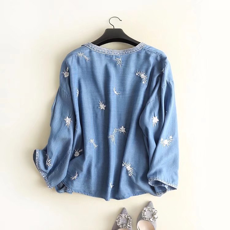 Women T-shirt Denim Shirt Women's Embroidered Sun Protection Shirt Loose Short