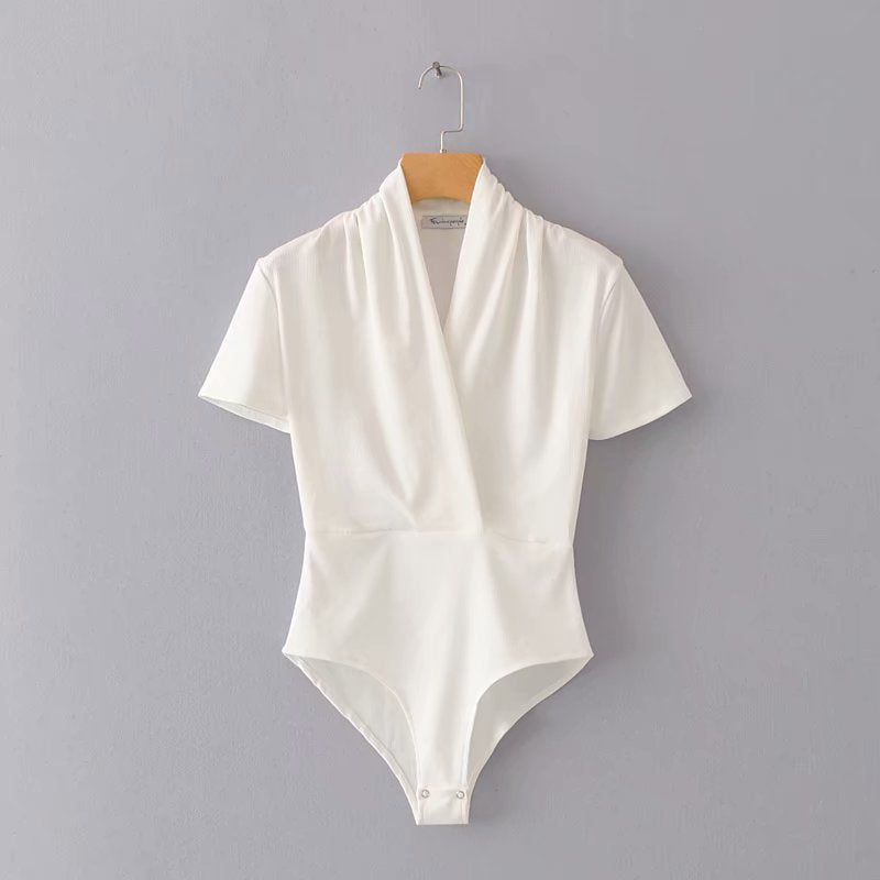 Women T-Shirt Slim V-neck Short Sleeve Solid Color One-Piece T-shirt Top