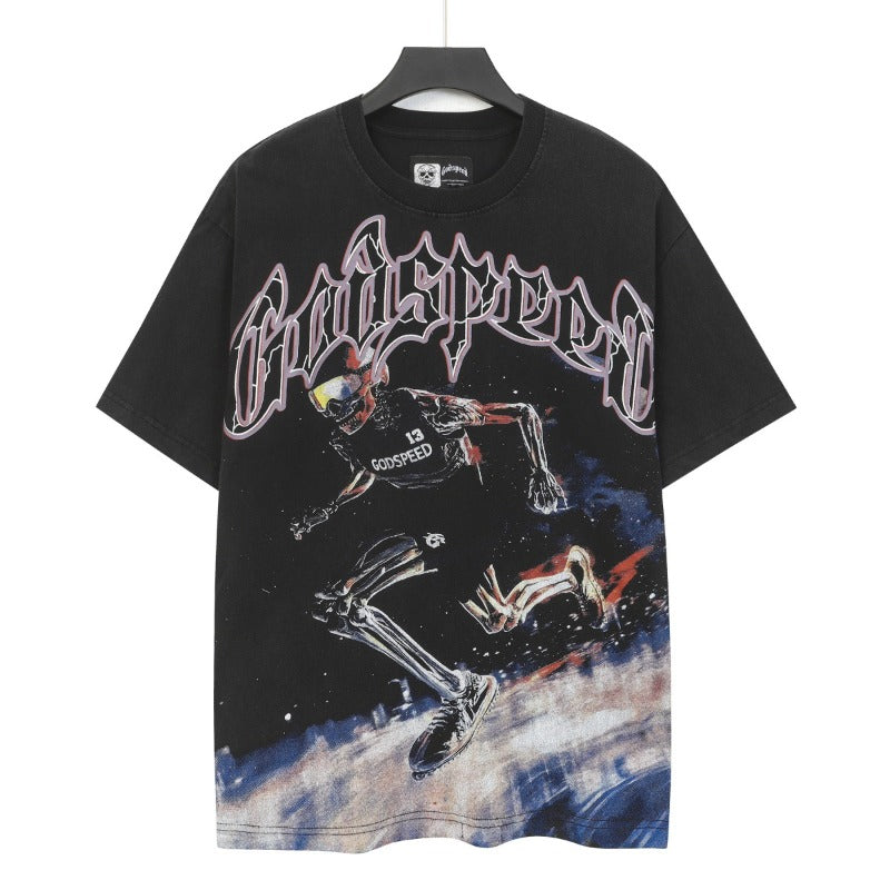 Godspeed t-shirt short-sleeved men's washed cotton printing hot diamond holes street clothing