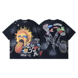 Men's short-sleeve t-shirt - washed print with hotfix rhinestones - 100% cotton - premium quality