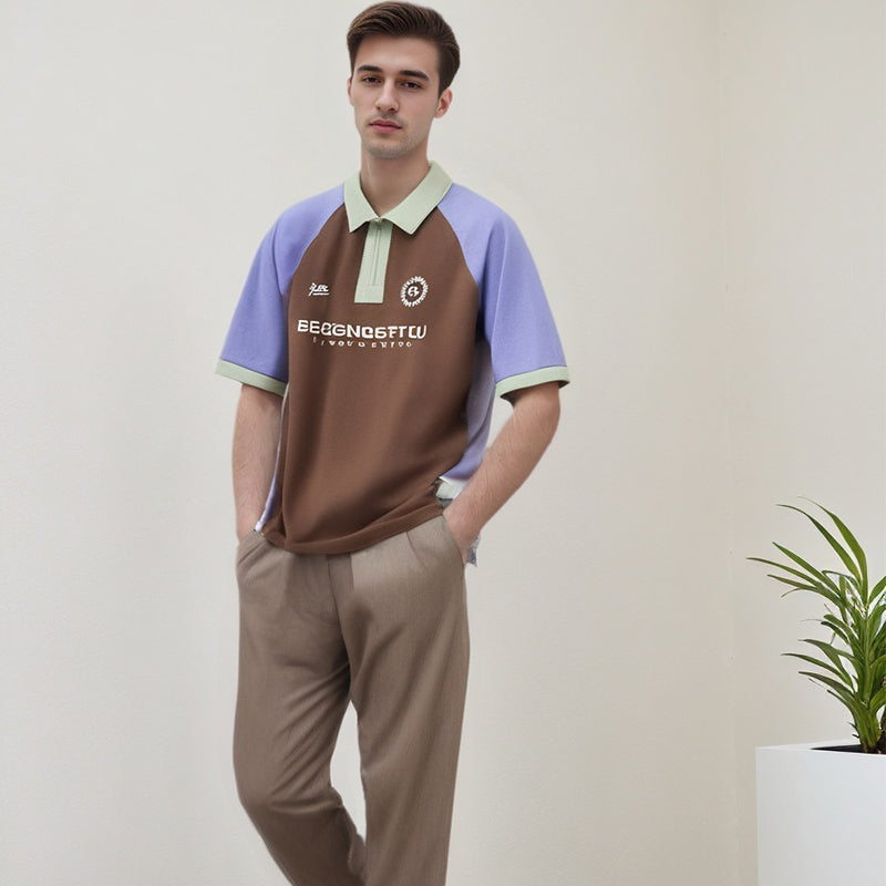 Unisex Polo Shirt Splicing Zip Short Sleeve T-Shirt