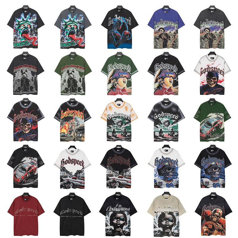 Godspeed t-shirt short-sleeved men's washed cotton printing hot diamond holes street clothing