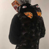 Bathing Ape Tiger Head Shark Double Hood Sweater Camouflage Hoodie Thin Velvet Terry Hooded Sweater