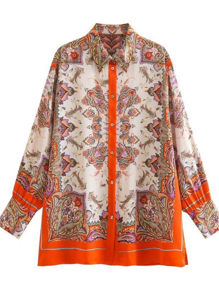 Women T-shirt Fall Women's Clothing Lapel Long Sleeve Loose Printed Shirt