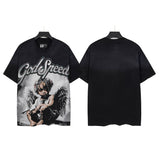 Godspeed t-shirt short-sleeved men's washed cotton printing hot diamond holes street clothing