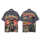 Godspeed t-shirt short-sleeved men's washed cotton printing hot diamond holes street clothing