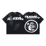 Men's short-sleeve t-shirt - washed print with hotfix rhinestones - 100% cotton - premium quality