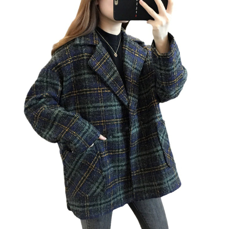 Plaid Trench Coat Autumn and Winter Loose High-Grade Outer Wear Plaid Wool Coat