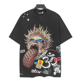 Men's t-shirt short-sleeved washed hot diamond printing g pure cotton hip hop street printing