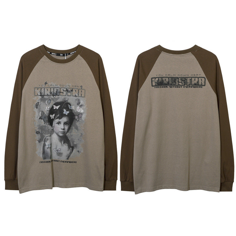 Men Long Sleeve Shirt Retro Loose Casual round Neck Long Sleeve T-shirt Men's Autumn