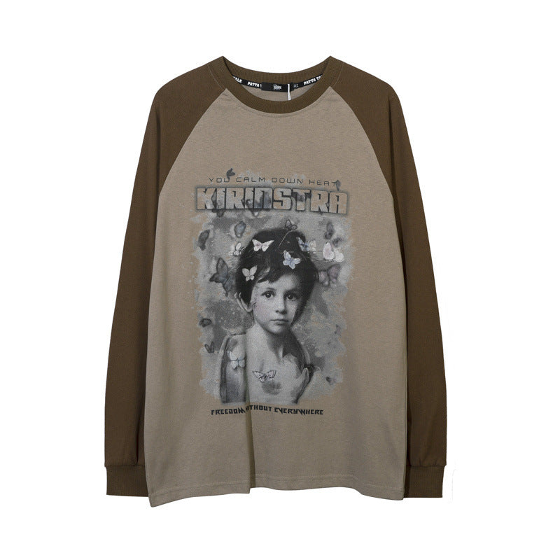 Men Long Sleeve Shirt Retro Loose Casual round Neck Long Sleeve T-shirt Men's Autumn
