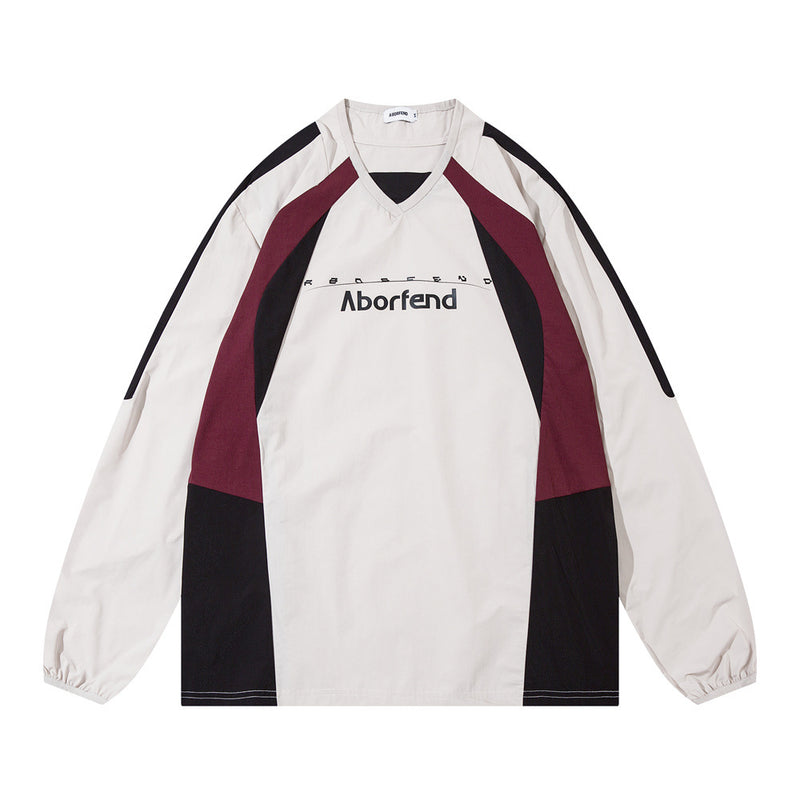 Men Hoodie Color Contrast Patchwork V-neck Pullover Sweater Racing Suit