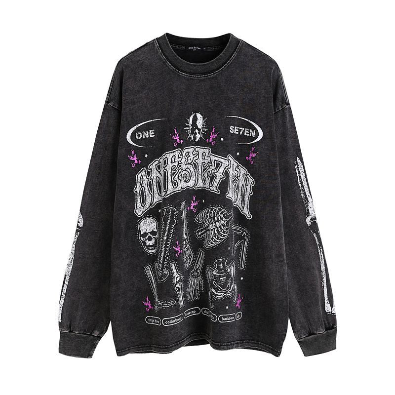 Men Long Sleeve Shirt Graffiti Distressed Washed Long Sleeve T-shirt Men and Women Vintage