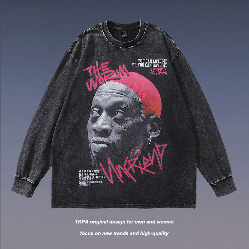 Men Long Sleeve Shirt Rodman Graffiti Printing Washed Long Sleeve Bottoming T-shirt for Men and Women