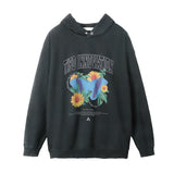 Men Hoodie Washed and Worn Hooded Sweater Men's Loose Plant Flower Print