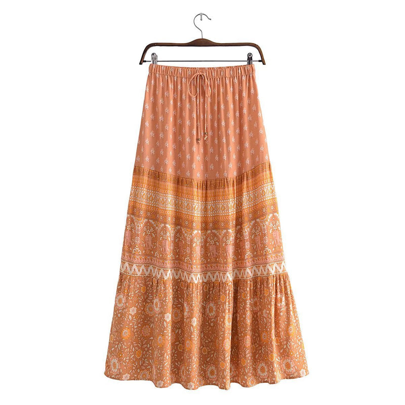 Women Skirt Vintage Flower Print Loose Skirt Long Skirt