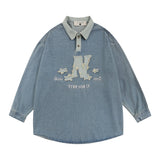 Men Long Sleeve T Shirt Spring and Autumn Long Sleeve Pullover Denim Top Men's Embroidery Letter Polo