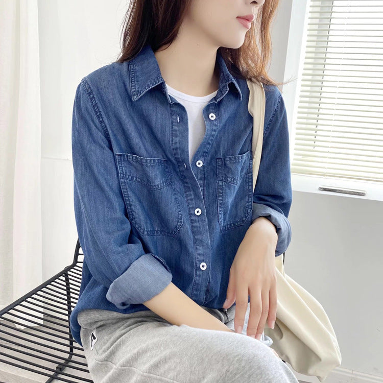Women T-shirt Denim Shirt Women's Spring and Autumn Loose Long Sleeve