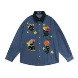 Men Long Sleeve T Shirt Vintage Cartoon Embroidered Denim Long Sleeve Shirt Men's Loose Lapels Shirt