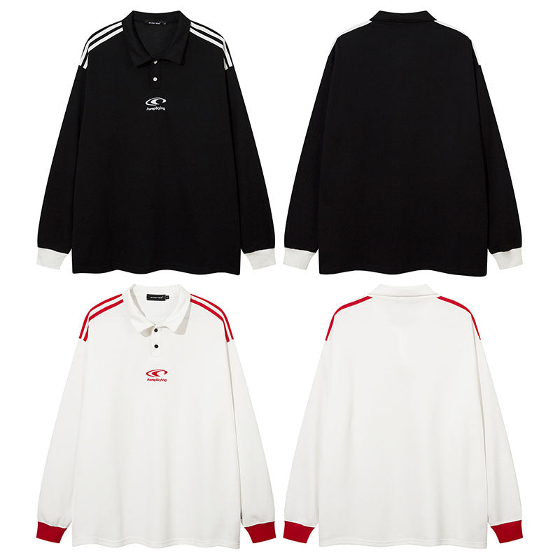 Men Long Sleeve Shirt Vintage Polo Lapel Long Sleeve T-shirt Men's Fashion Brand College Style Loose Couple