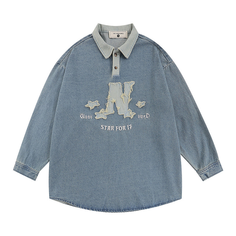 Men Long Sleeve T Shirt Spring and Autumn Long Sleeve Pullover Denim Top Men's Embroidery Letter Polo