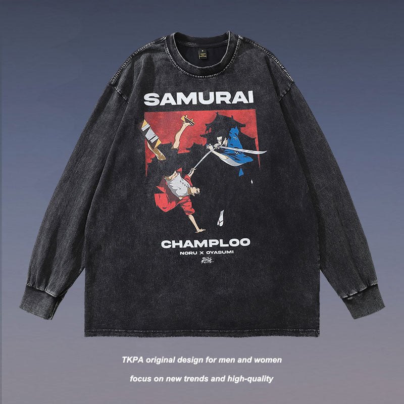 Men Long Sleeve Shirt Cartoon Anime Print Long Sleeve T-shirt Men and Women Street Distressed