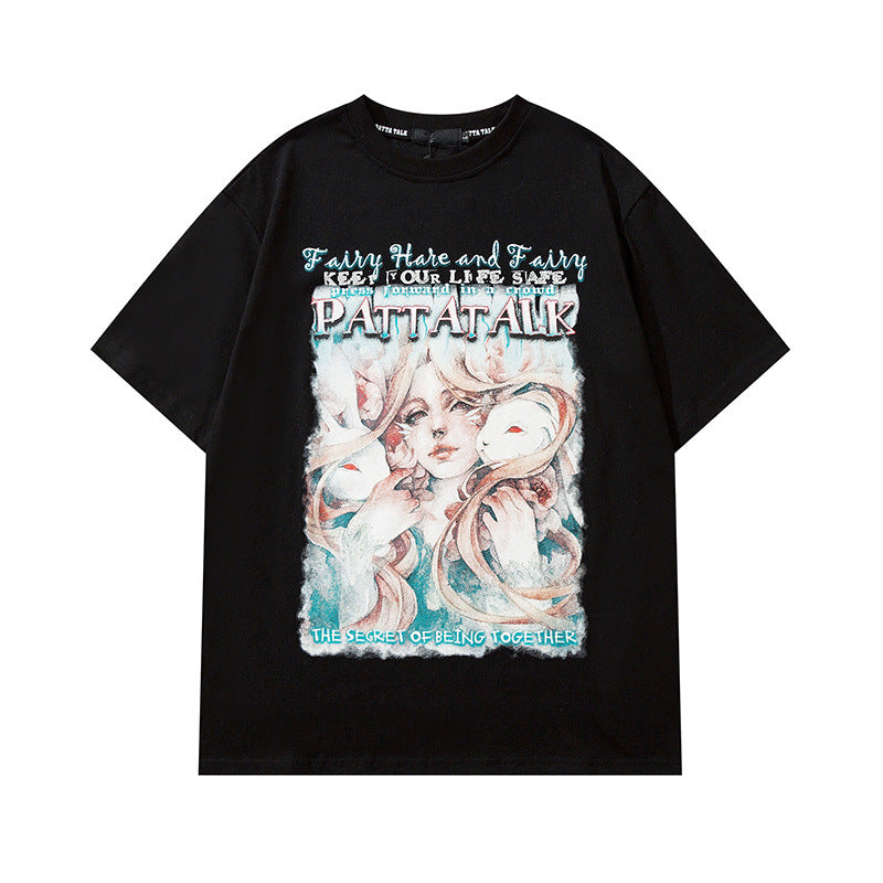 Men T Shirt Anime Print Short Sleeve T-shirt Vintage Loose Couple