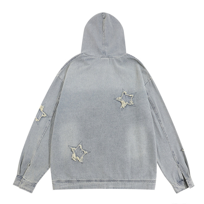 Men Denim Jacket Washed Long-Sleeved Denim Jacket Men's Spring and Autumn Embroidered Hooded Jacket Loose