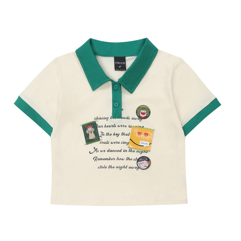 Women T-shirt Polo Collar Short T-shirt Girls Summer Short-Sleeved Top