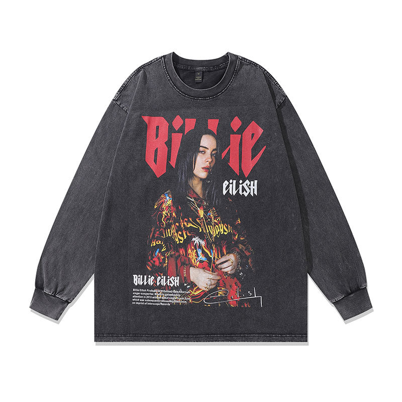 Men Long Sleeve Shirt Vintage Bili Portrait Washed and Worn Long Sleeve T-shirt for Men and Women