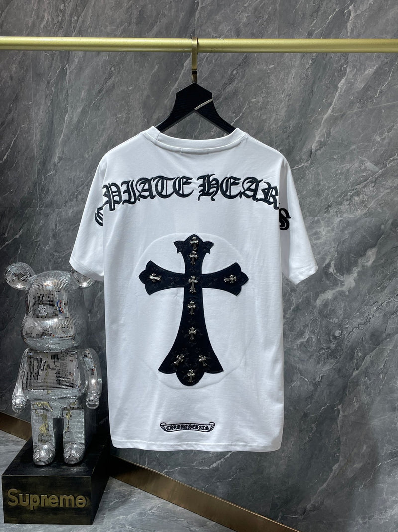 CHH Chrome Hearts T Shirts Letter Embroidered Leather Patchwork Short Sleeve T-shirt
