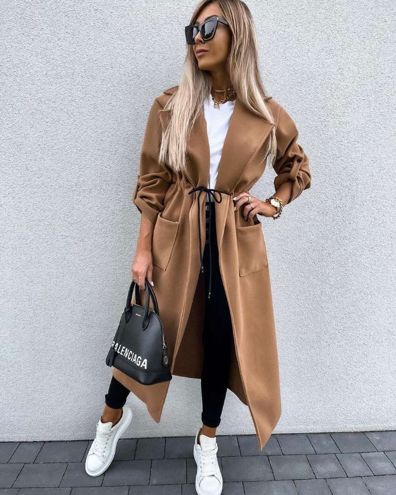 Plaid Trench Coat Autumn and Winter Long Sleeve Button Lapel Keep Warm Pure Color Long Woolen Coat
