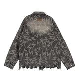 Men Denim Jacket Lightning Printed Jacket Coat Washed Distressed Denim Jacket