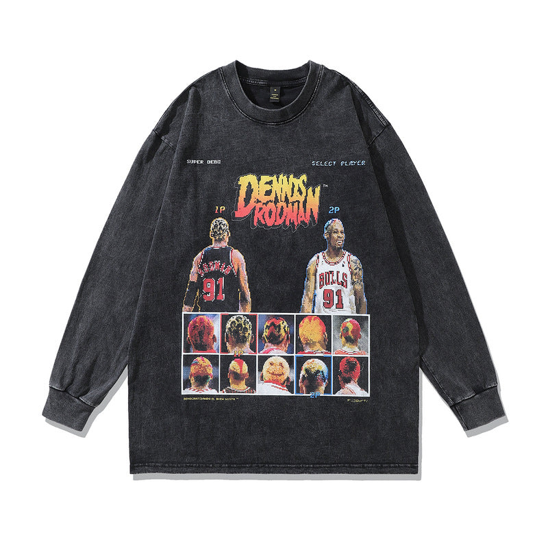 Men Long Sleeve Shirt Hip Hop Retro Star Portrait Printing Long Sleeve T-shirt Washed and Worn