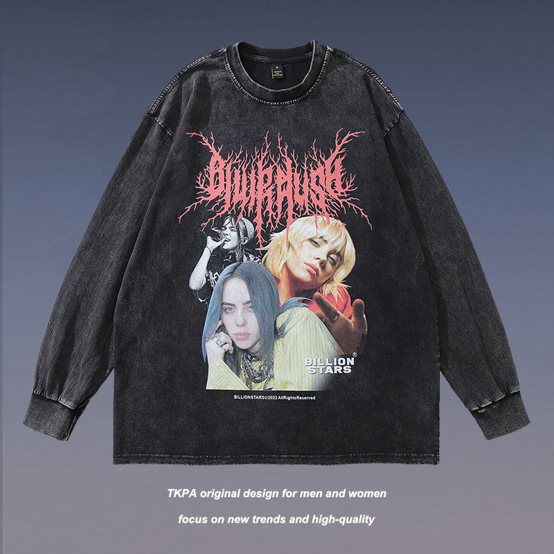 Men Long Sleeve Shirt Portrait Washed Distressed Long Sleeve Bottoming T-shirt Men and Women Oversize