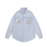 Men Long Sleeved T Shirt Embroidered Denim Long Sleeve Shirt Men Spring and Autumn Wash Water Denim Shirt Coat